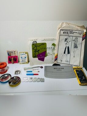 Vintage Sewing Pattern & Notions Magnetic  Holder, Hem Ruler, Milwards Needles